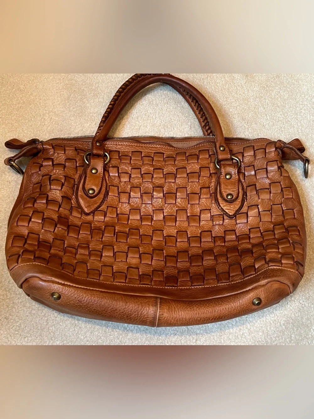 Sundance Catalog Cognac Brown Woven Leather Basketweave Satchel Bag
